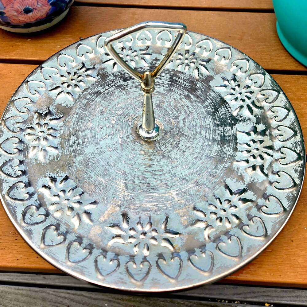 Vintage Stangl Colonial Silver Round Tidbit Tray Serving Dish with Metal Handle
